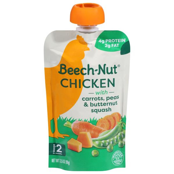 Beech-Nut Chicken Stage 2 Baby Food, Chicken Carrots Peas & Butternut Squash, Puree Meat Baby Food Pouch, 3.5 oz Pouch