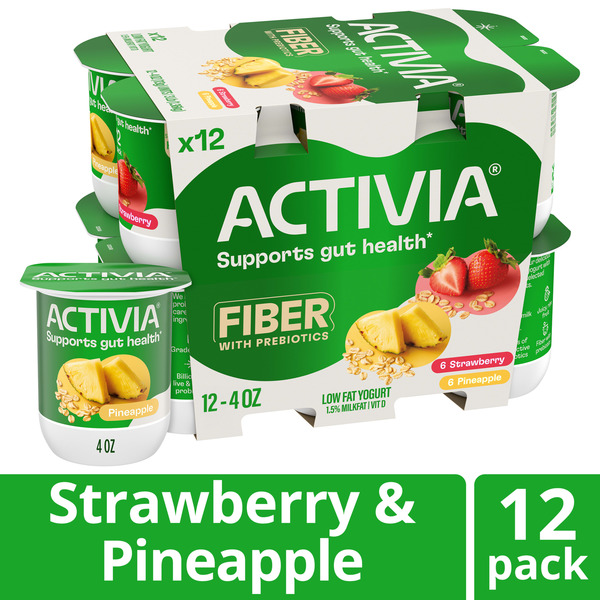 Activia Fiber Strawberry and Pineapple Probiotic Yogurt, Delicious Low Fat Yogurt Cups with Prebiotics to Help Support Gut Health, Variety Pack, 4 oz, 12 Count