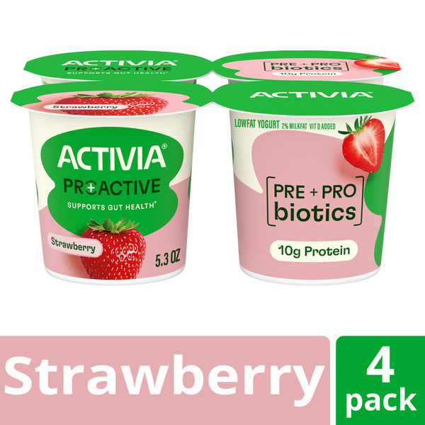 Activia Proactive Strawberry Prebiotic and Probiotic Yogurt, Creamy Low Fat Yogurt Cups, 5.3 oz, 4 Count​