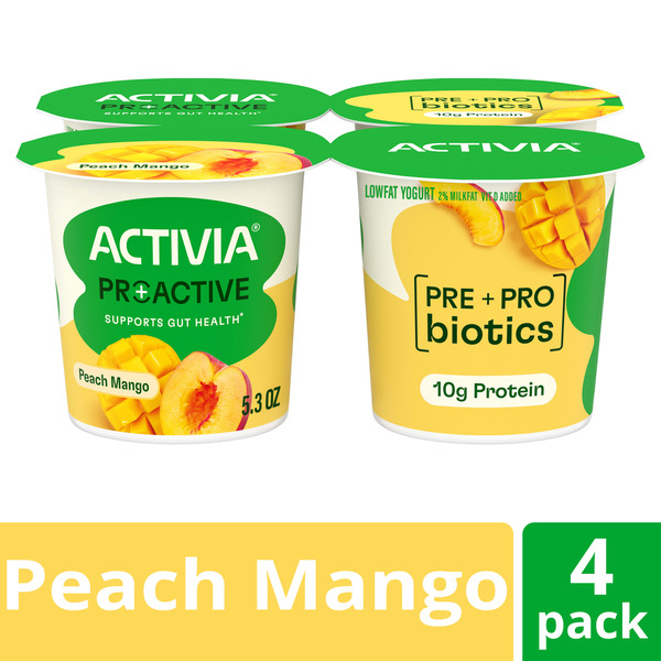 Activia Proactive Peach Mango Prebiotic and Probiotic Yogurt, Creamy Low Fat Yogurt Cups, 5.3 oz, 4 Count​