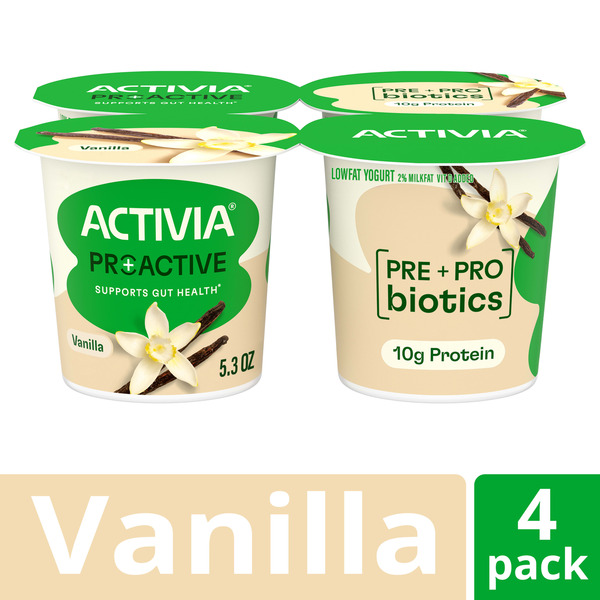 Activia Proactive Vanilla Prebiotic and Probiotic Yogurt, Creamy Low Fat Yogurt Cups, 5.3 oz, 4 Count