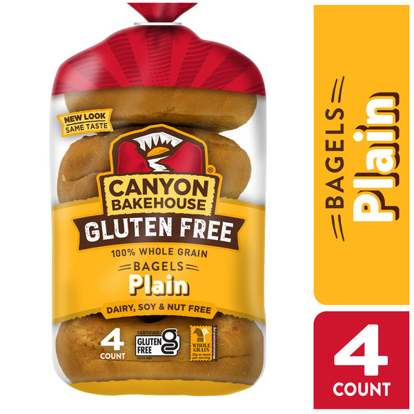 Canyon Bakehouse Plain Bagels, Gluten Free Bagels, 100% Whole Grain, Frozen, 4 Count