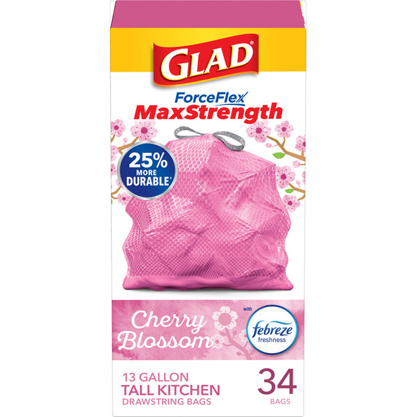 Glad ForceFlex MaxStrength Drawstring Trash Bags, Cherry Blossom With Febreze, 13 Gal