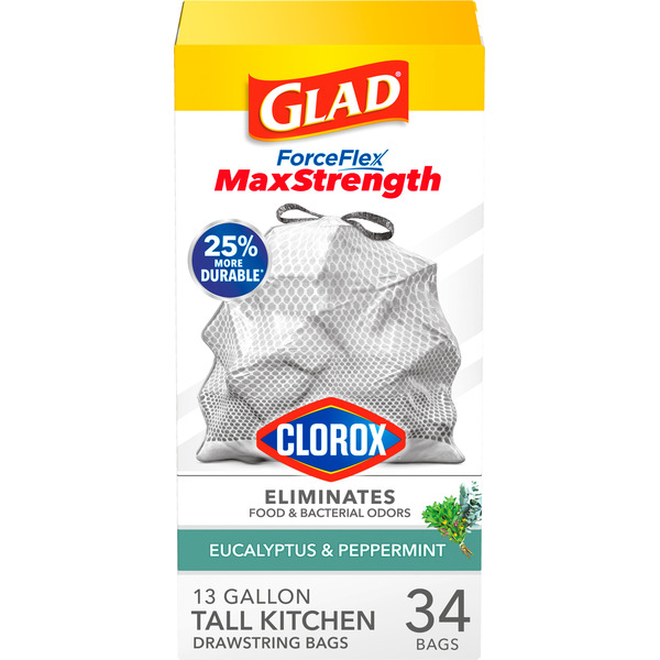 Glad ForceFlex MaxStrength with Clorox Trash Bags, Eucalyptus and Peppermint, 13 gal
