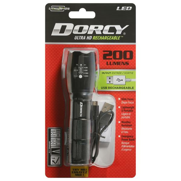 Dorcy Flashlight, USB Rechargeable, Ultra HD, LED, 200 Lumens