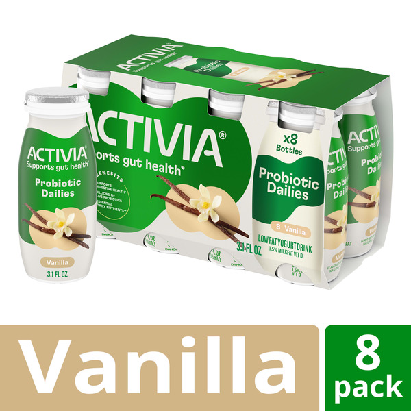 Activia Probiotic Dailies Vanilla Low Fat Yogurt Drinks, Delicious Daily Probiotic Yogurt Drinks to Help Support Gut Health, 3.1 fl oz, 8 Count