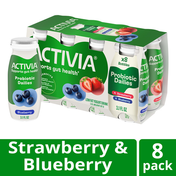 Activia Probiotic Dailies Strawberry and Blueberry Low Fat Yogurt Drinks, Delicious Daily Probiotic Yogurt Drinks to Help Support Gut Health, 3.1 fl oz, 8 Count