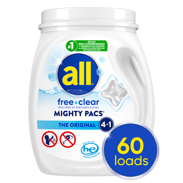 All Unit Dose Laundry Detergent, Mighty Pacs, Free Clear, 60 Count