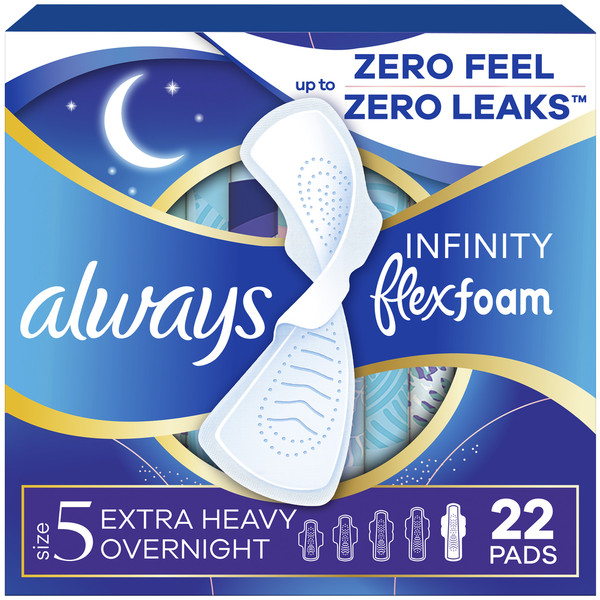 Always Infinity FlexFoam Pads for Women Size 5 Extra Heavy Overnight Absorbency