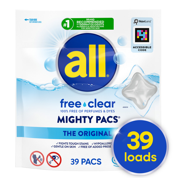 All Unit Dose Laundry Detergent, Mighty Pacs, Free Clear, 39 Count