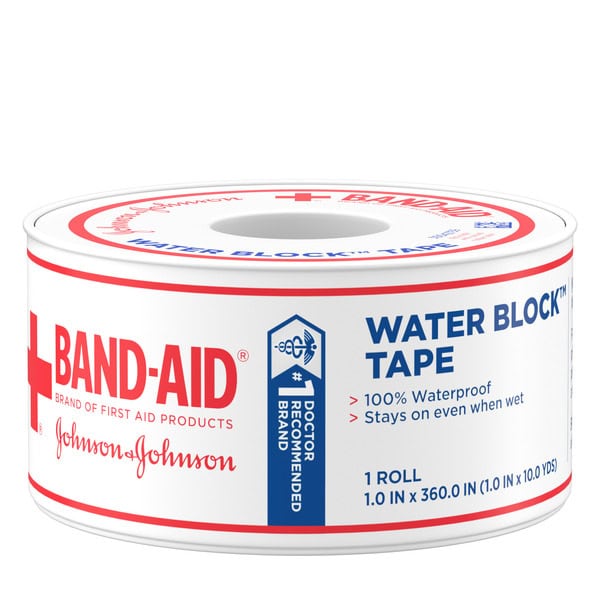 BAND-AID First Aid Water Block 100% Waterproof Self-Adhesive Tape Roll for Durable Wound Care to Firmly Secure Bandages, 1 In by 10 yd