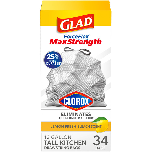 Glad ForceFlex MaxStrength Drawstring Kitchen Trash Bags, Lemon Fresh Bleach - 13 Gal