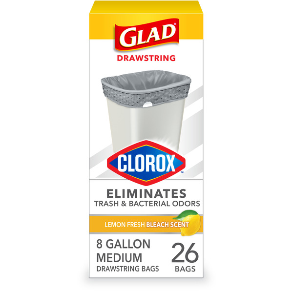 Glad Medium Drawstring Trash Bags with Clorox, Lemon Fresh Bleach Scent, 8 Gallon
