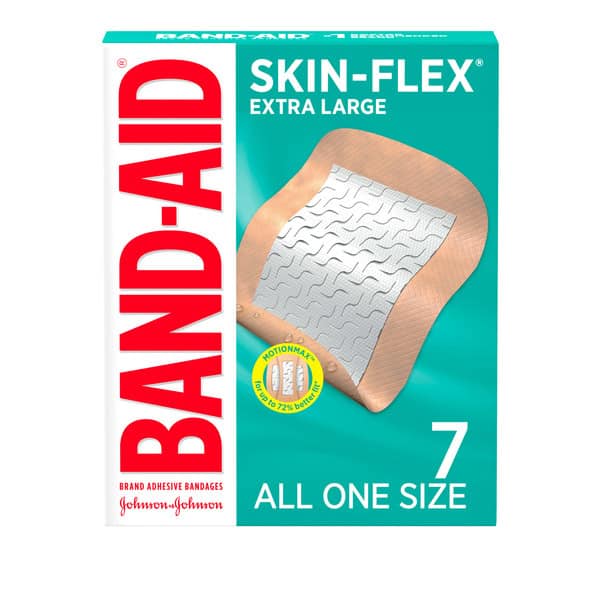 BAND-AID Skin-Flex Adhesive Bandages for First Aid and Wound Care of Minor Cuts and Scrapes & Burns, Flexible Sterile Bandages for Fingers & Knees, Extra Large, All One Size, 7 ct
