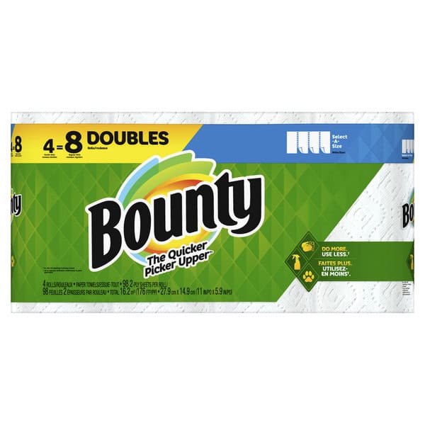 Bounty Select-A-Size Paper Towels, White, 4 Double Rolls = 8 Regular Rolls, 4 Count