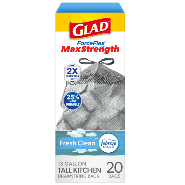 Glad ForceFlex MaxStrength Tall Kitchen Drawstring Trash Bags, 13 Gallon, Fresh Clean