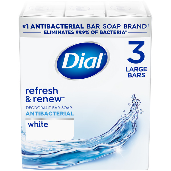 Dial Antibacterial Bar Soap, Refresh & Renew, White, 4 oz, 3 Bars