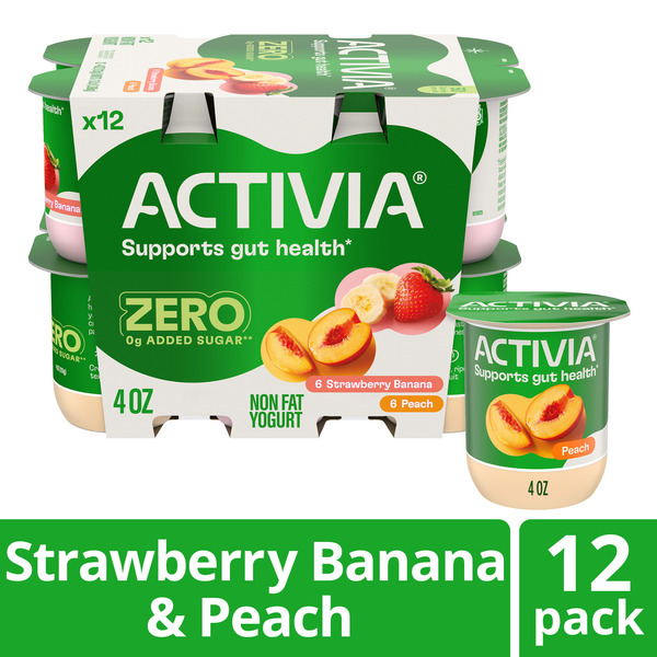 Activia Zero 0g Added Sugar Strawberry Banana & Peach Probiotic Nonfat Yogurt Cups, 4 oz, 12 Count