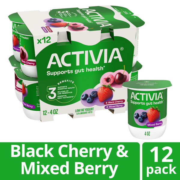 Activia Black Cherry and Mixed Berry Probiotic Yogurt, Delicious Low Fat Yogurt Cups to Help Support Gut Health, Variety Pack, 4 oz, 12 Count