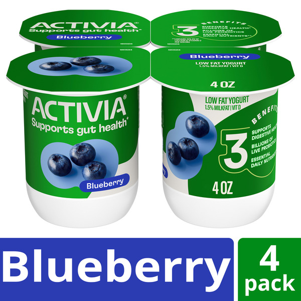 Activia Blueberry Probiotic Yogurt, Delicious Low Fat Yogurt Cups to Help Support Gut Health, 4 oz, 4 Count