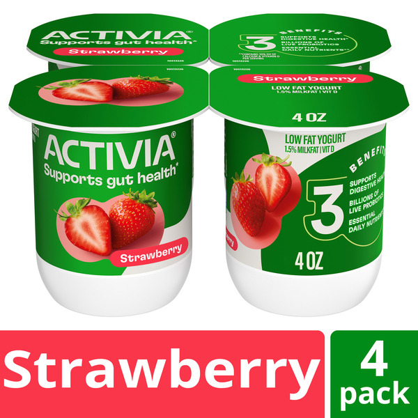 Activia Strawberry Probiotic Yogurt, Delicious Low Fat Yogurt to Help Support Gut Health, 4 oz, 4 Count