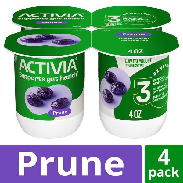 Activia Prune Probiotic Yogurt, Delicious Low Fat Yogurt to Help Support Gut Health, 4 oz, 4 Count
