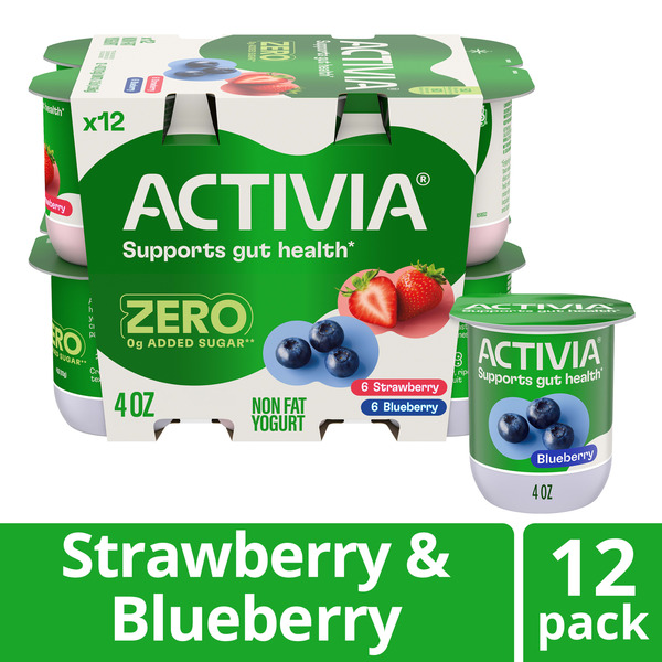 Activia ZERO 0g Added Sugar Strawberry and Blueberry Probiotic Yogurt, Delicious Nonfat Yogurt Cups to Help Support Gut Health, 4 oz, 12 Count