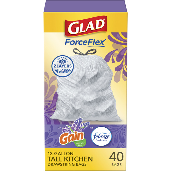 Glad ForceFlex Tall Kitchen Trash Bags, 13 Gallon, Gain Lavender with Febreze