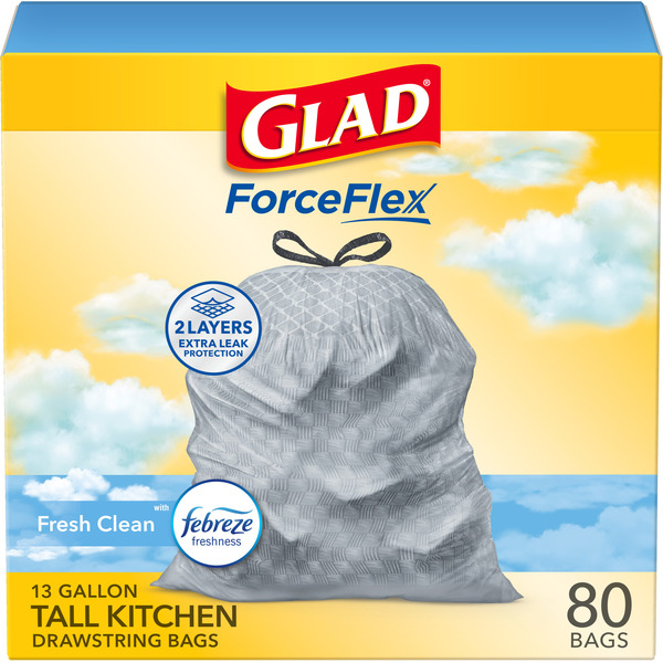 Glad ForceFlex Tall Kitchen Drawstring Trash Bags, 13 Gallon, Fresh Clean Scent