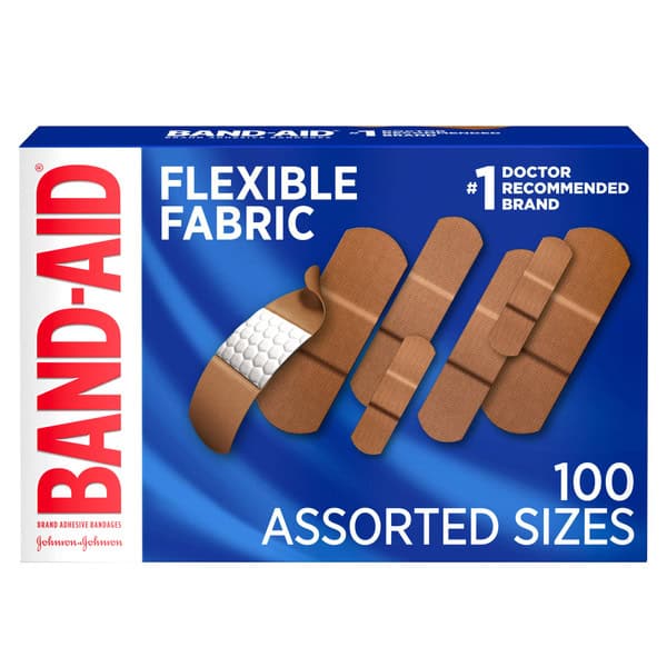 BAND-AID Flexible Fabric Adhesive Bandages, Comfortable Sterile Protection & Wound Care for Minor Cuts & Burns, Quilt-Aid Technology to Cushion Painful Wounds, Assorted Sizes, 100 ct