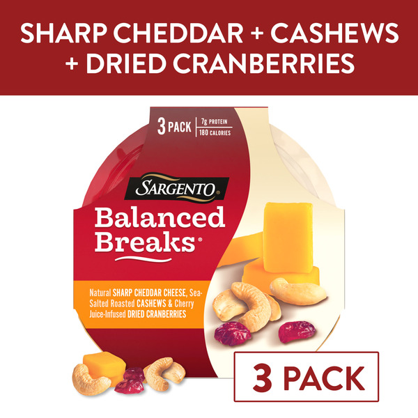 Sargento Balanced Breaks® Natural Sharp Cheddar Cheese, Sea-Salted Roasted Cashews and Cherry Juice-Infused Dried Cranberries Snack Kit, 3-Pack