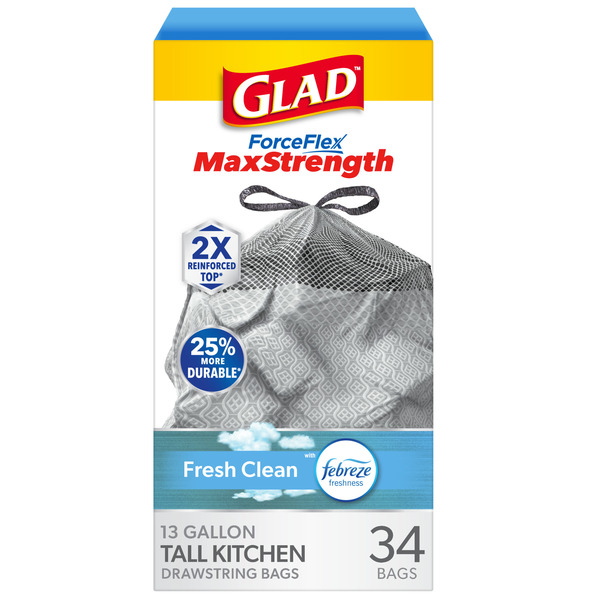 Glad ForceFlex MaxStrength Tall Kitchen Trash Bags, 13 Gallon, Fresh Clean Scent