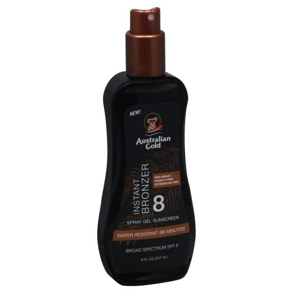 Australian Gold Sunscreen, with Instant Bronzer, Spray Gel, Broad Spectrum SPF 8