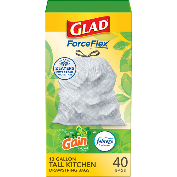 Glad ForceFlex Tall Kitchen Drawstring Trash Bags, 13 Gal, Gain Original with Febreze