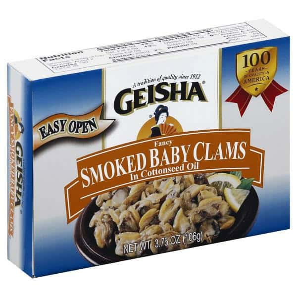 Geisha Clams, Baby, Fancy Smoked, in Cottonseed Oil