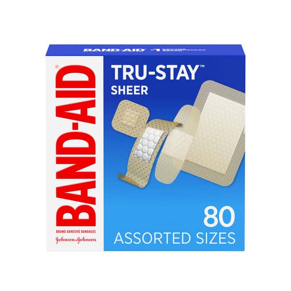 BAND-AID Tru-Stay Sheer Strips Adhesive Sterile Bandages for First Aid & Wound Protection, Individually Wrapped Wound Care Bandages for Minor Cuts & Scrapes, Assorted Sizes, 80 ct