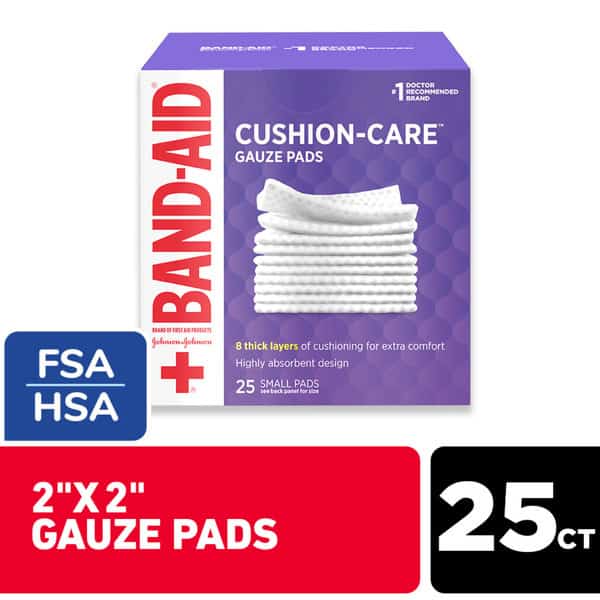 BAND-AID Absorbent Cushion Care Sterile Square Gauze Pads for First Aid Protection of Minor Cut, Scrapes & Burns, Non-Adhesive, Wound Care Dressing Pads, Small, 2 in x 2 in, 25 ct