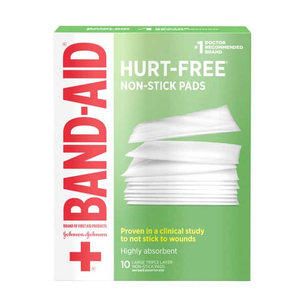 BAND-AID Hurt-Free Non-Stick Pads with Hurt-Free Design for Wound Care & Wound Protection, Highly-Absorbent Individually-Wrapped Sterile Pads, Large Size, 3 inches x 4 inches, 10 ct
