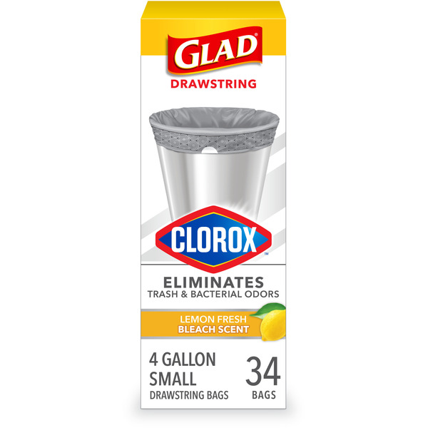 Glad Drawstring Trash Bags, Lemon Fresh Bleach Scent, 4 Gallon