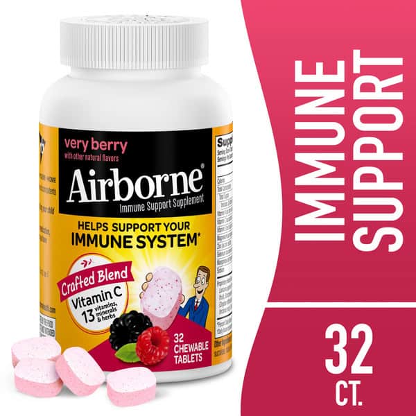 Airborne Very Berry Chewable Tablets - 1000mg Vitamin C - Immune Support Supplement