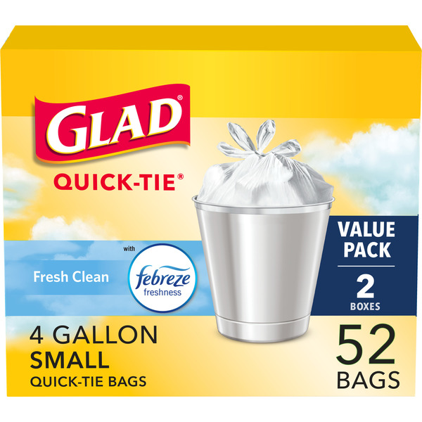 Glad OdorShield Small White Quick-Tie Trash Bags, 4 gal, Fresh Clean with Febreeze