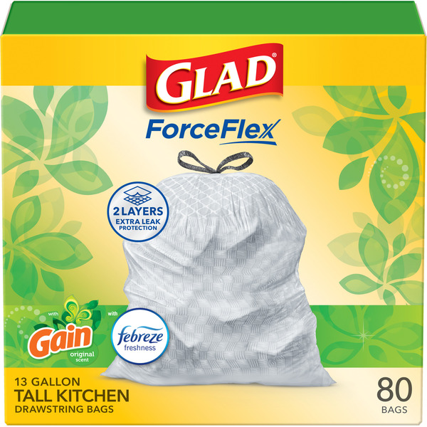 Glad ForceFlex Kitchen Drawstring Trash Bags, Gain Original with Febreze, 13 gallon