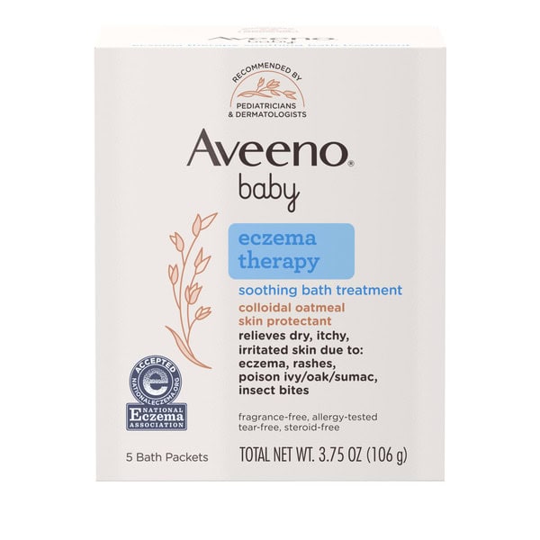 Aveeno Eczema Therapy Soothing Bath Treatment for Relief of Dry, Itchy & Irritated Skin, Made with Natural Colloidal Oatmeal, Fragrance-, Paraben-, Steroid- & Tear-Free, 5 ct