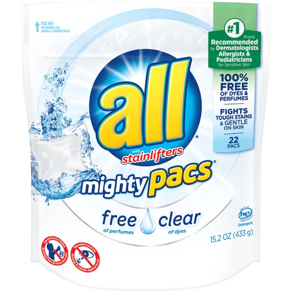 All all Mighty Pacs Laundry Detergent Pacs, Free Clear for Sensitive Skin, Unscented and Dye Free, 22 Count