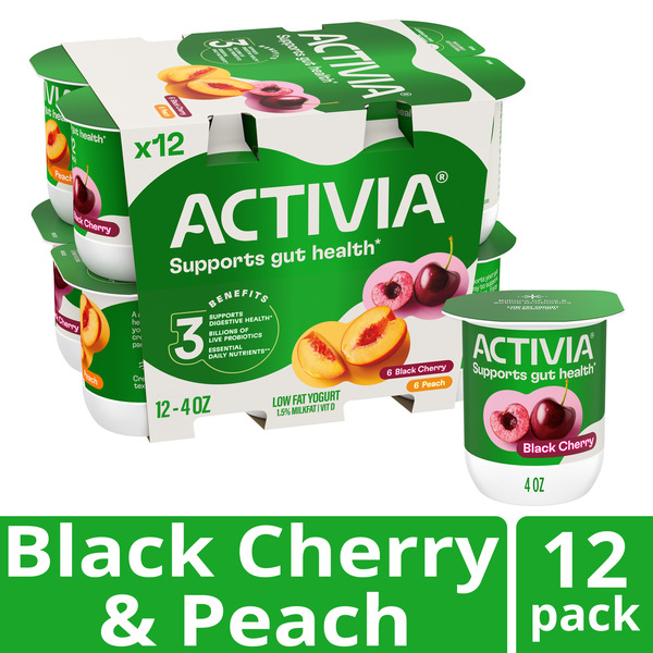 Activia Peach and Black Cherry Probiotic Yogurt, Delicious Low Fat Yogurt Cups to Help Support Gut Health, Variety Pack, 4 oz, 12 Count