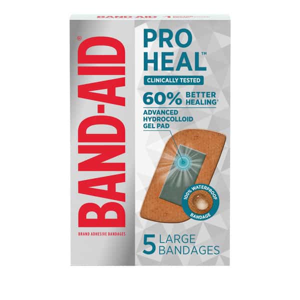 BAND-AID Pro Heal Adhesive Bandages with Hydrocolloid Gel Pads, Large Clinically Tested Waterproof Bandages for Better Healing of Minor Wounds, Sterile First Aid Bandages, 5 ct