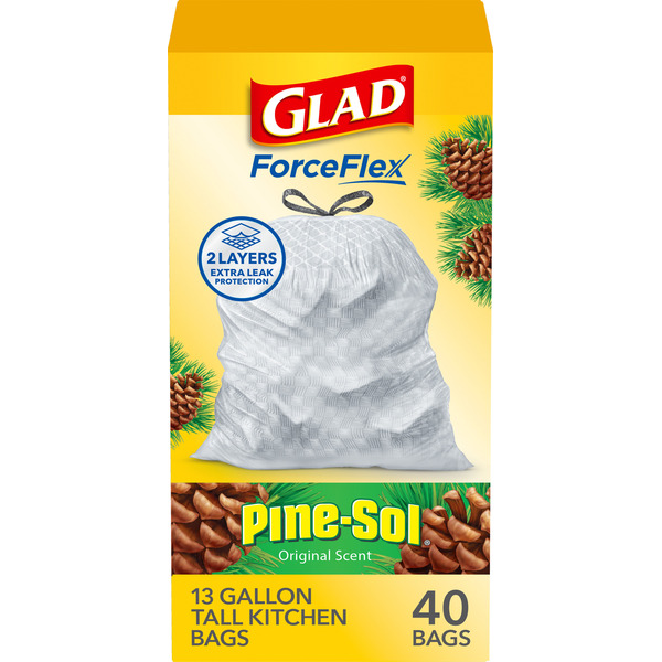 Glad ForceFlex Tall Kitchen Drawstring Trash Bags, 13 Gallon, Pine-Sol Original Scent