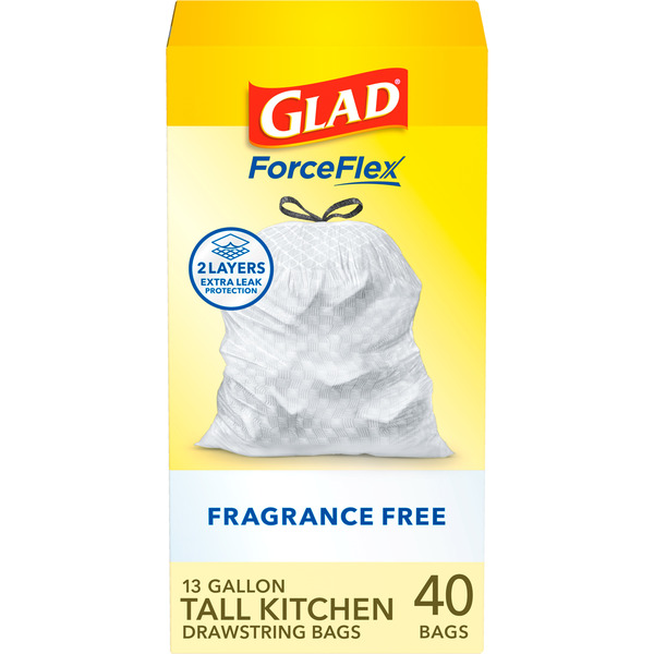 Glad ForceFlex Tall Kitchen Drawstring Trash Bags, 13 Gallon, Fragrance Free