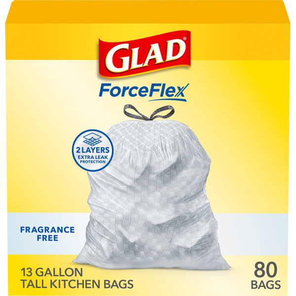 Glad ForceFlex Tall Kitchen Drawstring Trash Bags, 13 Gallon, Fragrance Free