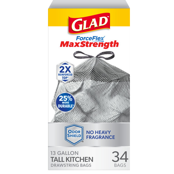 Glad ForceFlex MaxStrength Tall Kitchen Drawstring Trash Bags, 13 Gallon, Odorshield